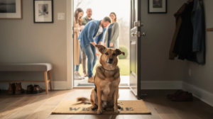 Dog door manners training for calm guest arrivals 