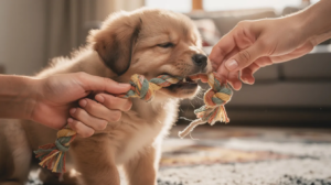 Puppy biting training with gentle rope toy play 