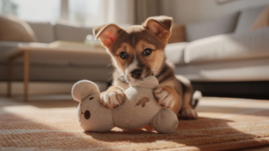 Puppy biting training with soft toy redirection 