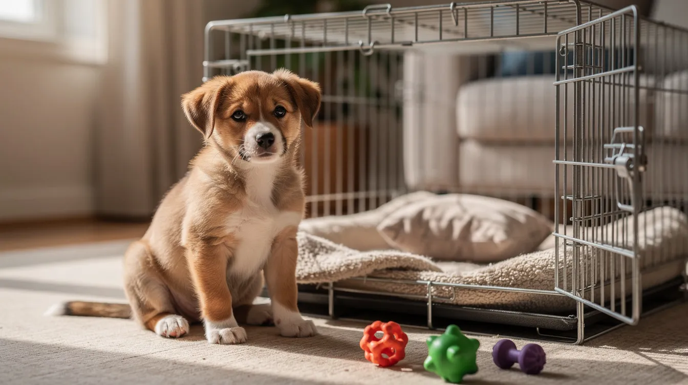 Adult dog relaxing during crate training at home
