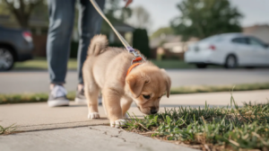 Puppy potty crate training during outdoor walk 